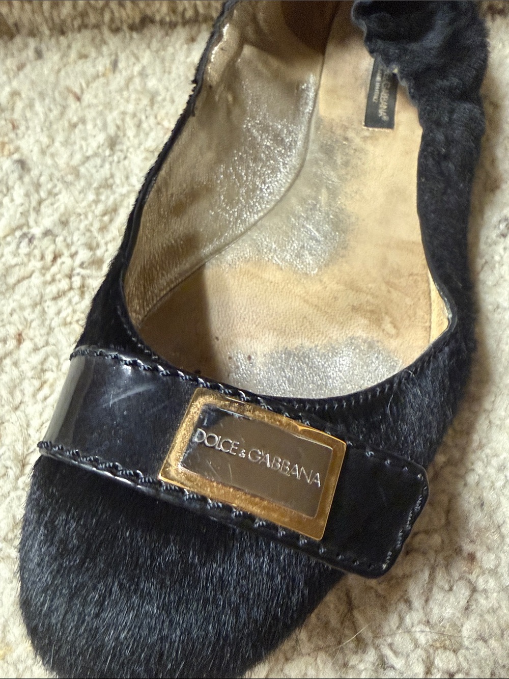 Dolce & Gabbana Black Pony-Hair Ballet Flats with Gold Logo Plaques